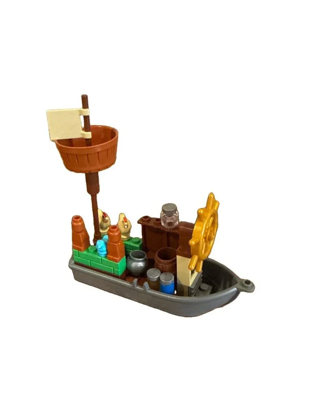 Lego Minifigure Row Boat Pirate Flag Chickens Jars Pot Wheel Blue Bird 4”